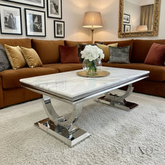 Aksel 130cm Chrome Coffee Table with White Marble Top – Double Half Ring Stand Design