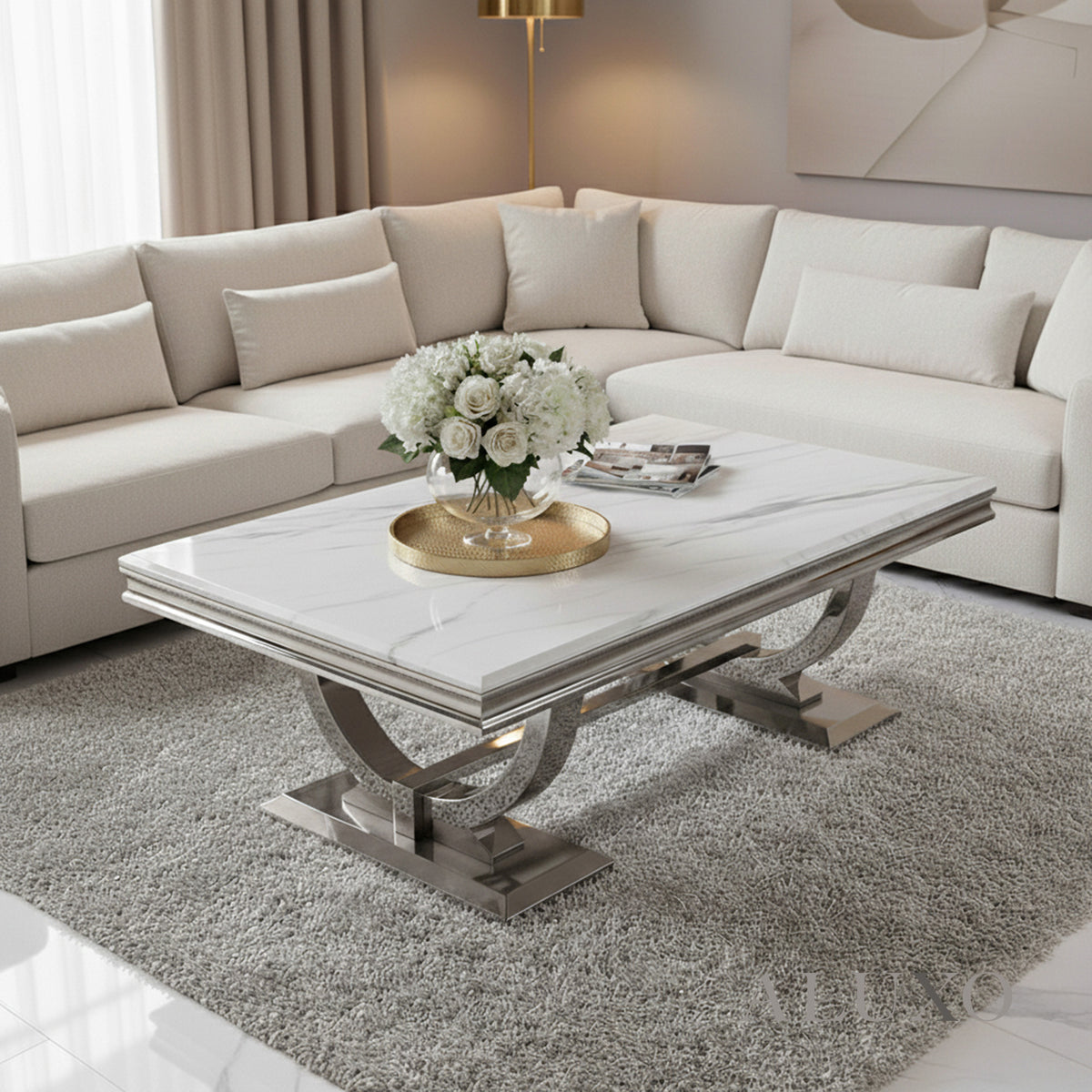 Aksel 130cm Chrome Coffee Table with White Marble Top – Double Half Ring Stand Design