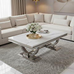 Aksel 130cm Chrome Coffee Table with White Marble Top – Double Half Ring Stand Design