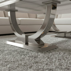 Aksel 130cm Chrome Coffee Table with White Marble Top – Double Half Ring Stand Design