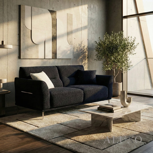 ALUXO® Albany 2 Seater Compact Sofa – Midnight Black Bouclé | Deep Cushion Comfort