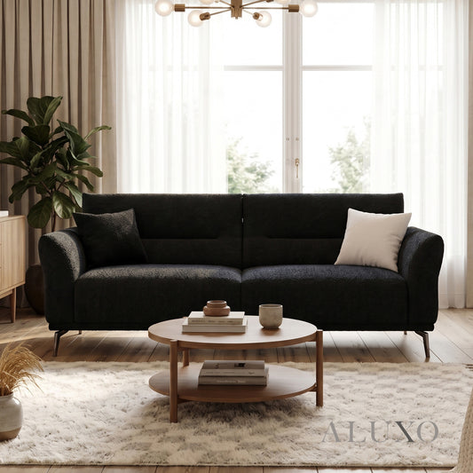 ALUXO® Albany 3 Seater Sofa – Midnight Black Bouclé | Deep Cushion Comfort