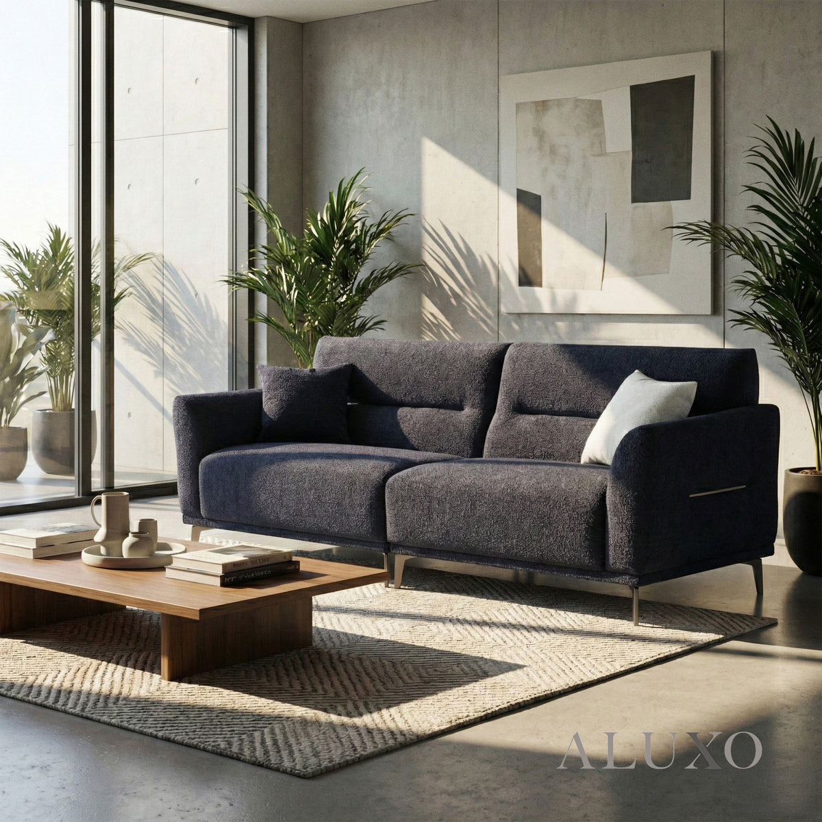 ALUXO® Albany 4 Seater Large Sofa – Midnight Black Bouclé | Deep Cushion Comfort