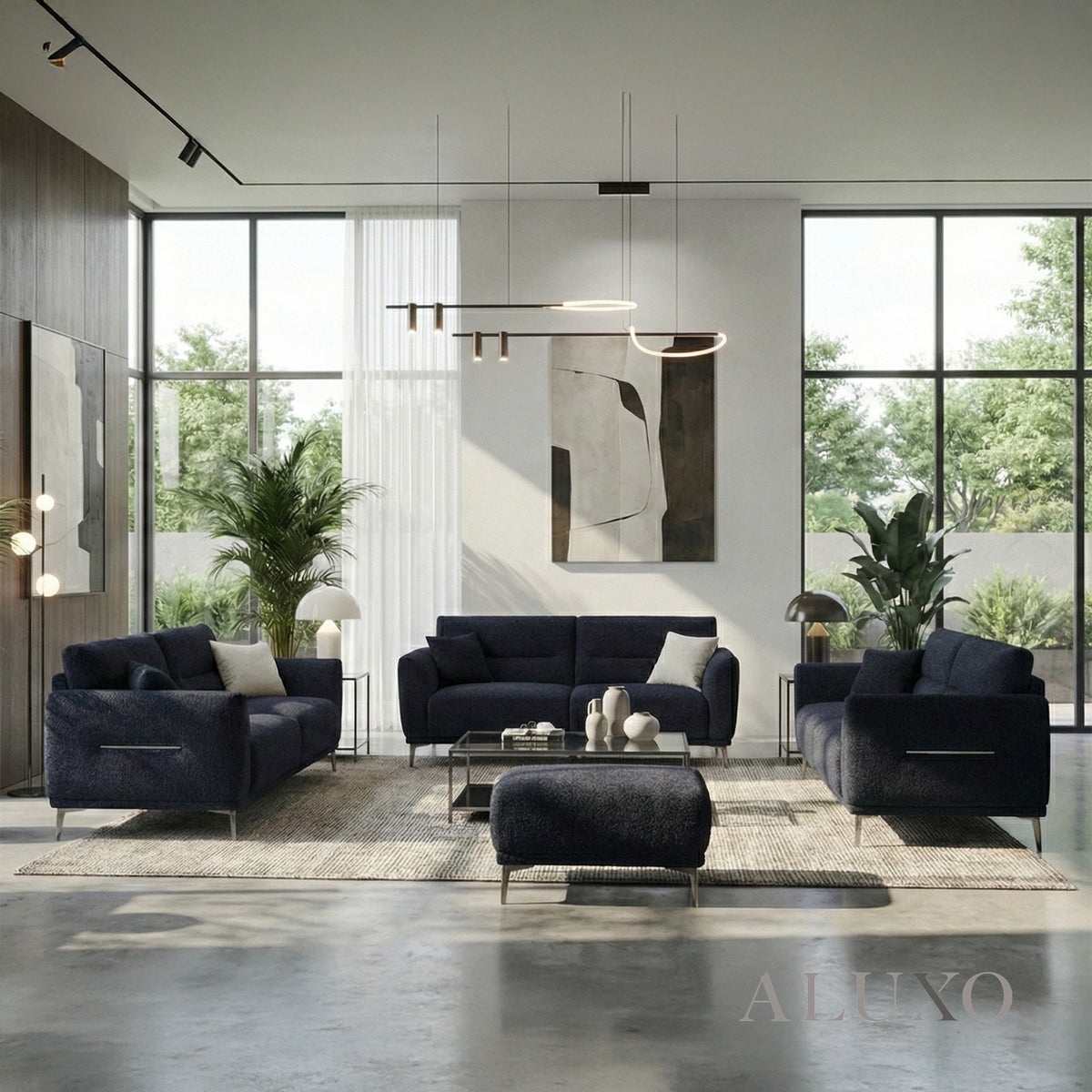 ALUXO® Albany Complete Sofa Set – 4+3+2 Seater with Footstool | Midnight Black
