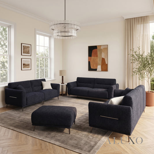 ALUXO® Albany Complete Sofa Set – 4+3+2 Seater with Footstool | Midnight Black