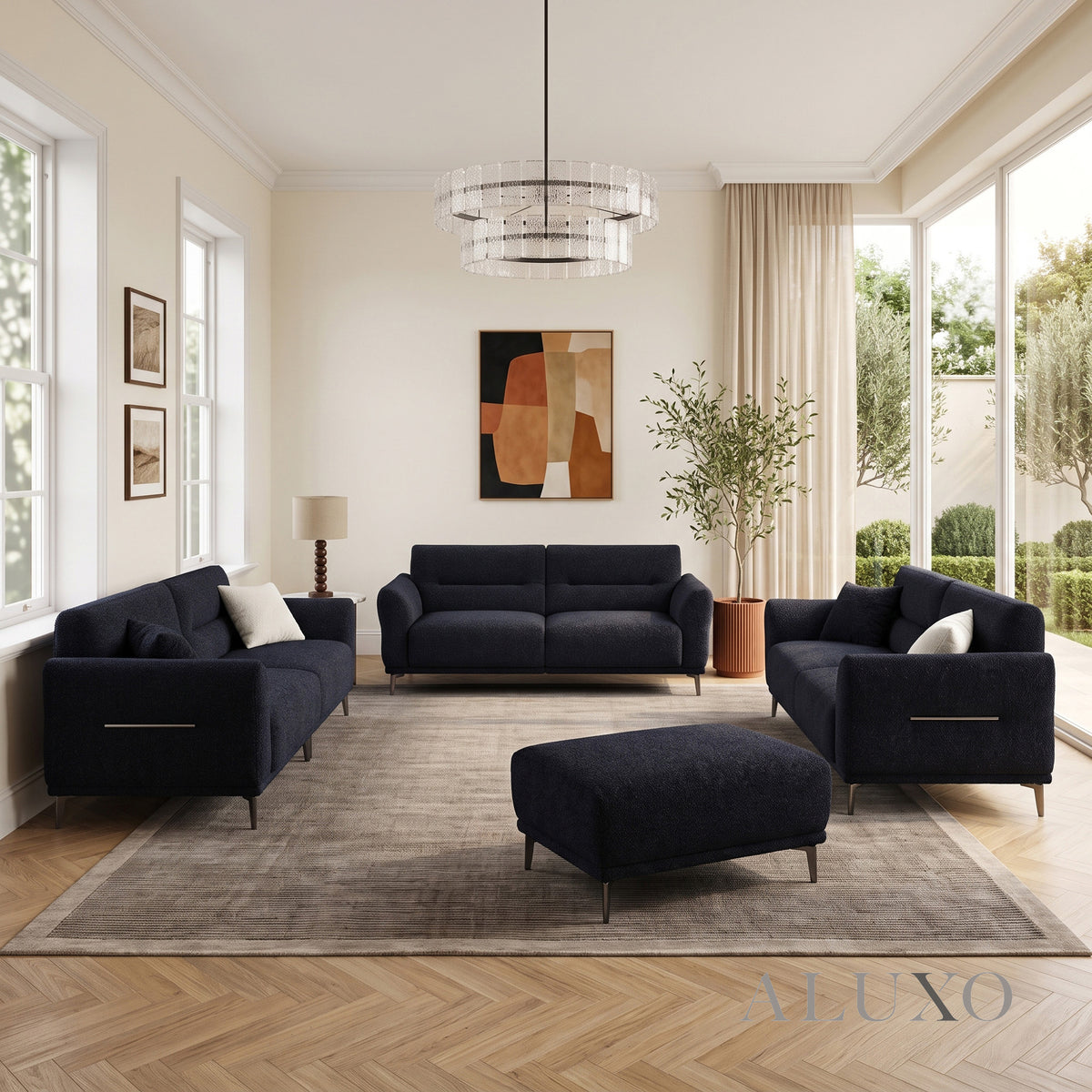 ALUXO® Albany Complete Sofa Set – 4+3+2 Seater with Footstool | Midnight Black