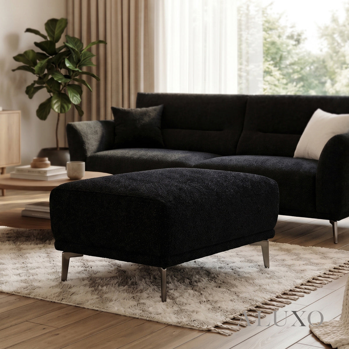 ALUXO® Albany Modular Footstool – Midnight Black Bouclé | Luxury Ottoman