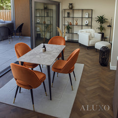 Anders 1.4m Grey Sintered Stone Dining Set – Table with 4/6 Bjorn Rust Velvet Chairs