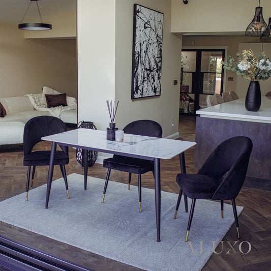 Anders 1.4m Sintered Stone Dining Set – Table with 4/6 Bjorn Black Velvet Chairs