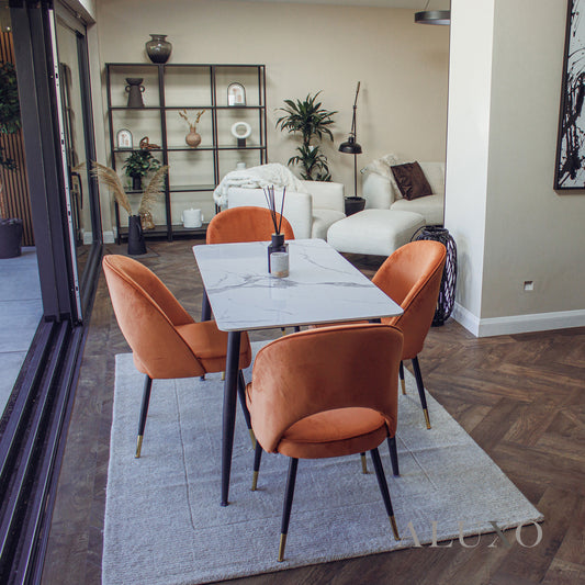 Anders 1.4m Sintered Stone Dining Set – Table with 4/6 Bjorn Rust Velvet Chairs