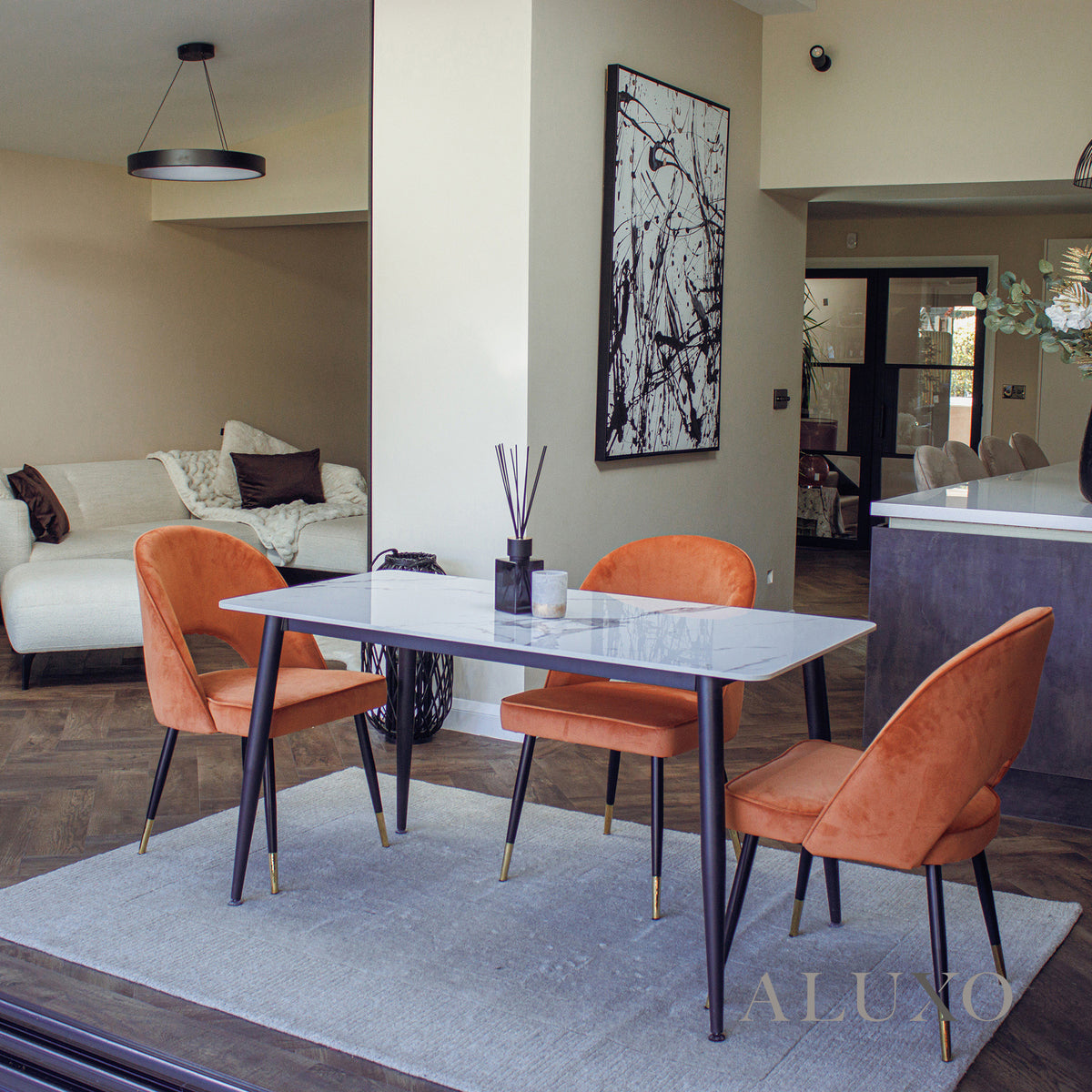 Anders 1.4m Sintered Stone Dining Set – Table with 4/6 Bjorn Rust Velvet Chairs