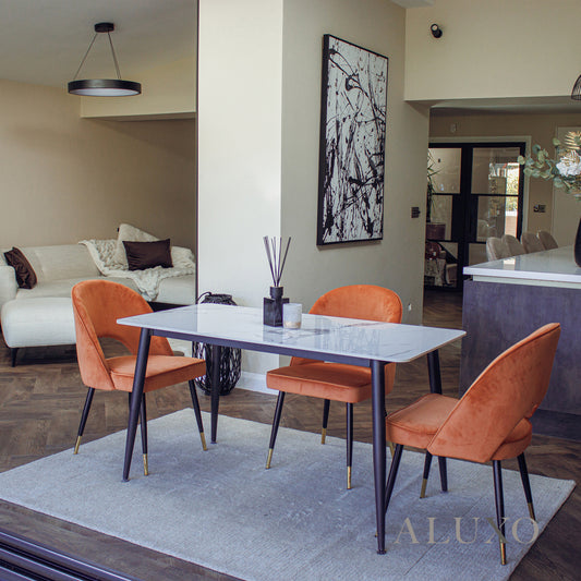 Anders 1.4m Sintered Stone Dining Set – Table with 4/6 Bjorn Rust Velvet Chairs