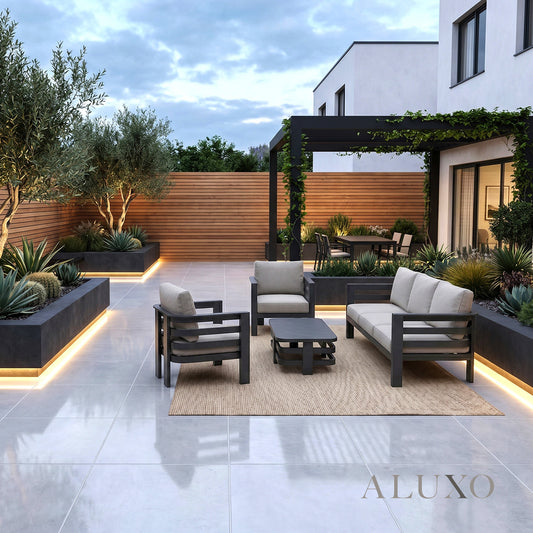 ALUXO® Andros 5-Seater Luxury Lounge Set – Onyx Aluminium & Sintered Stone Table