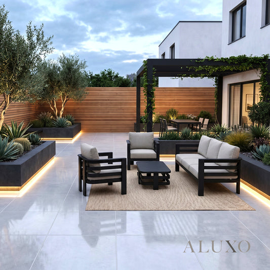 ALUXO® Andros 5-Seater Luxury Lounge Set – Onyx Aluminium & Sintered Stone Table