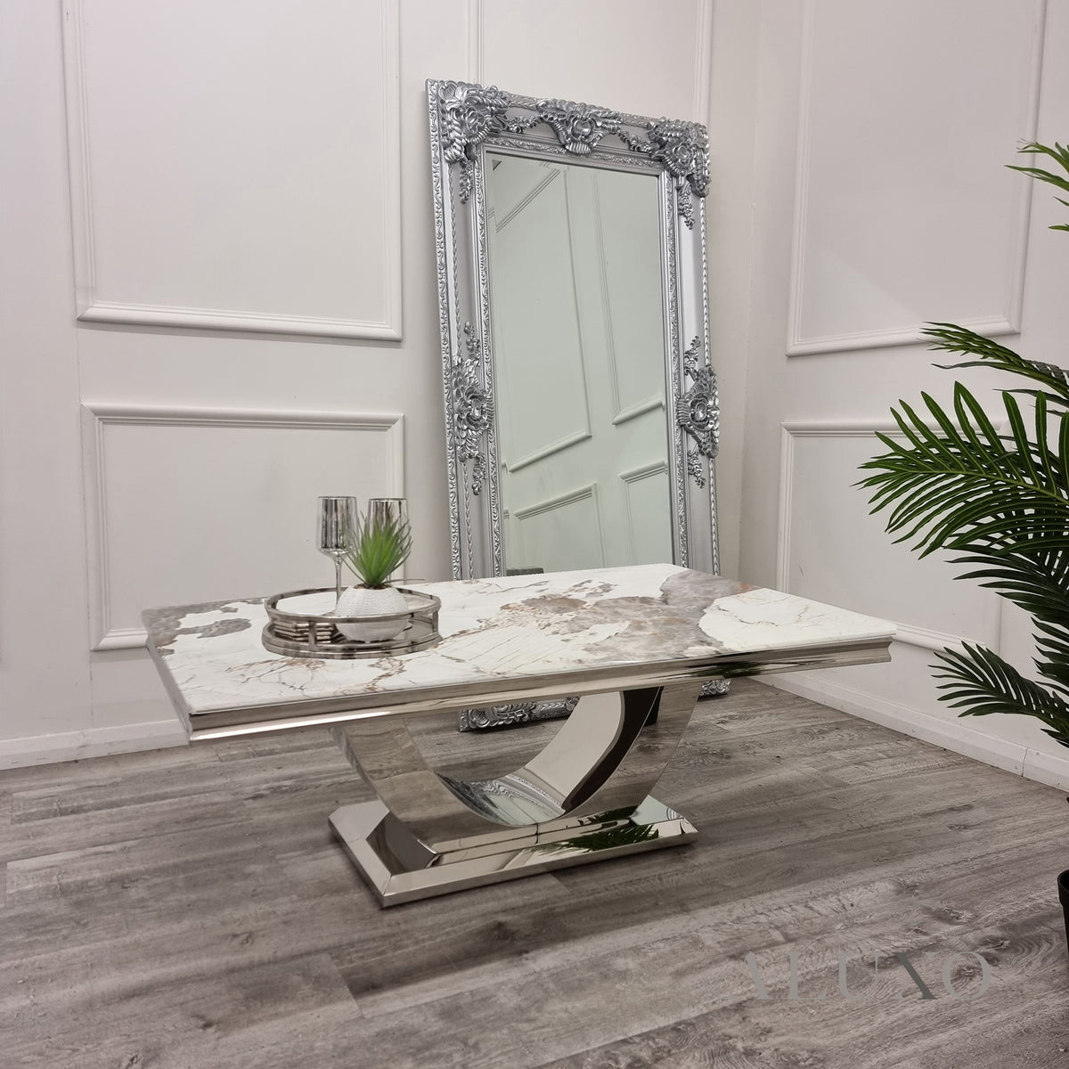 Anker 130cm Chrome Coffee Table with Cream Marble Top – U Stand Design