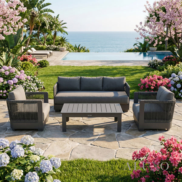 ALUXO® Ares 5-Seater Luxury Lounge Set – Onyx Aluminium & Pebble Grey Cushions