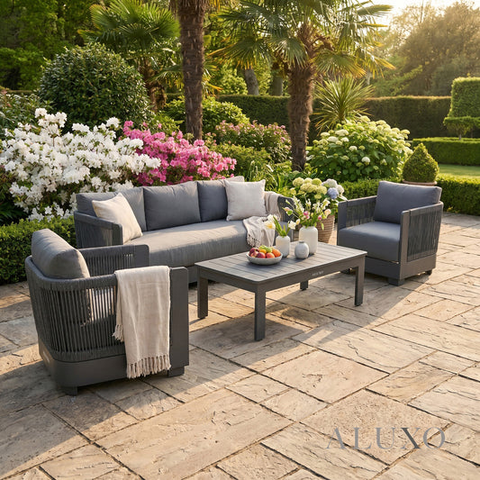 (PRE-ORDER) ALUXO® Ares 5-Seater Luxury Lounge Set – Onyx Aluminium & Pebble Grey Cushions