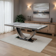 Urban 1.8m Cream Marble Dining Set – Chrome U-Base Table with 4/6/8 Oskar Dark Grey Velvet Chairs