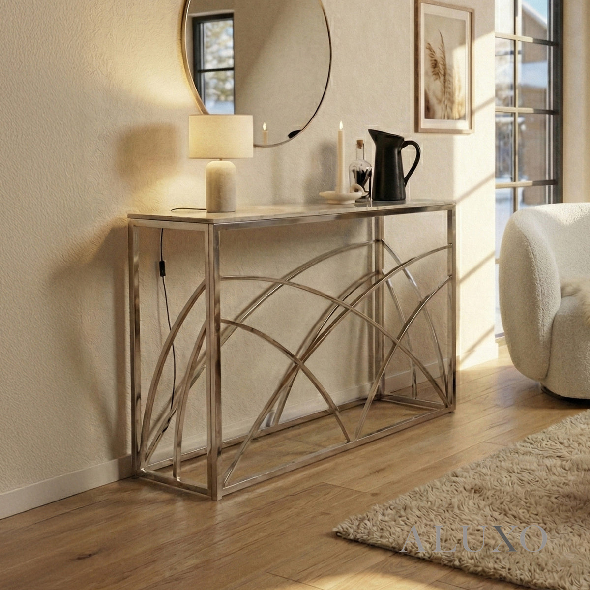 Arisa Chrome Console Table – 120x40cm Stomach Ash Grey Sintered Stone Top | Modern Luxury Design