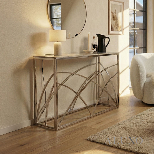 Arisa Chrome Console Table – 120x40cm Stomach Ash Grey Sintered Stone Top | Modern Luxury Design