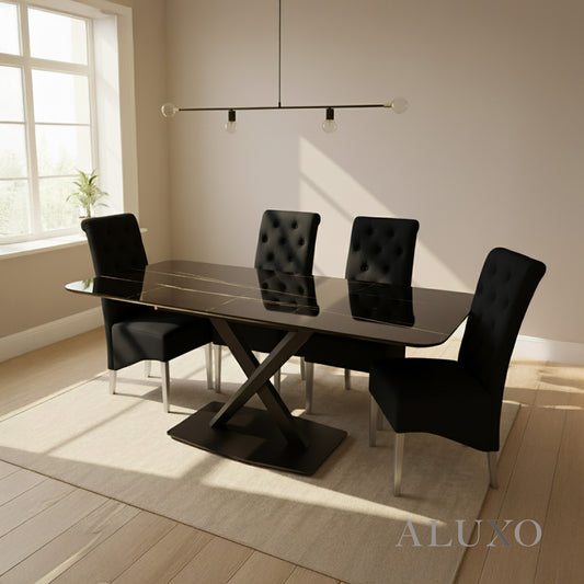 Arvid 1.6m Black Sintered Stone Dining Table with V/X Chrome Base & 4/6/8 Einar Velvet Chairs