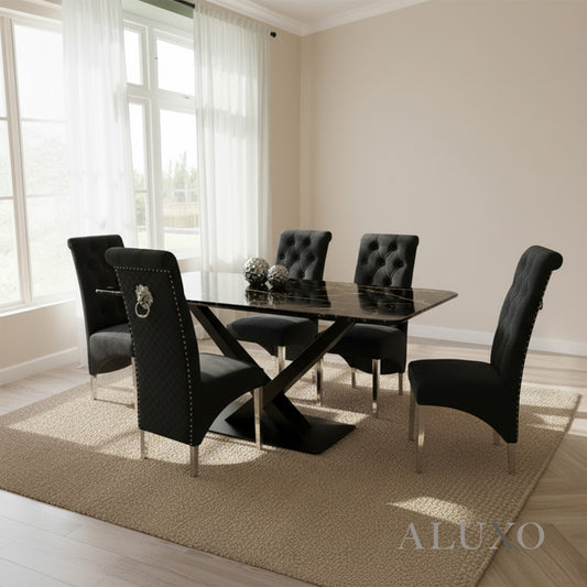 Arvid 1.6m Black Sintered Stone Dining Table with V/X Chrome Base & 4/6/8 Einar Velvet Chairs