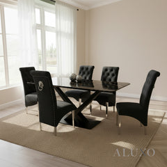 Arvid 1.6m Black Sintered Stone Dining Table with V/X Chrome Base & 4/6/8 Einar Velvet Chairs
