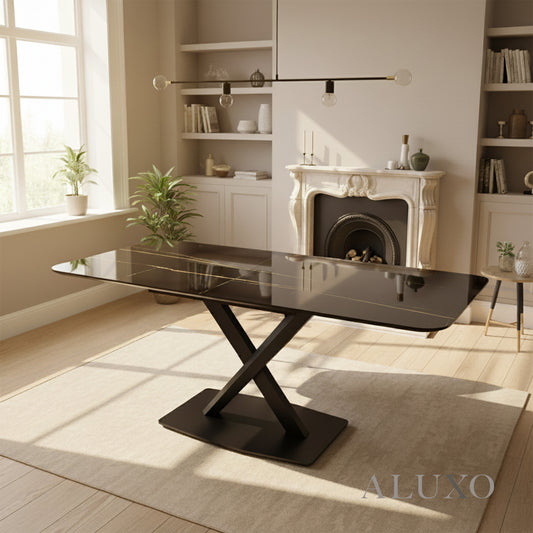 Arvid 160cm Slimline Oval-Rectangle Black Sintered Stone Dining Table Metal X Leg Stand