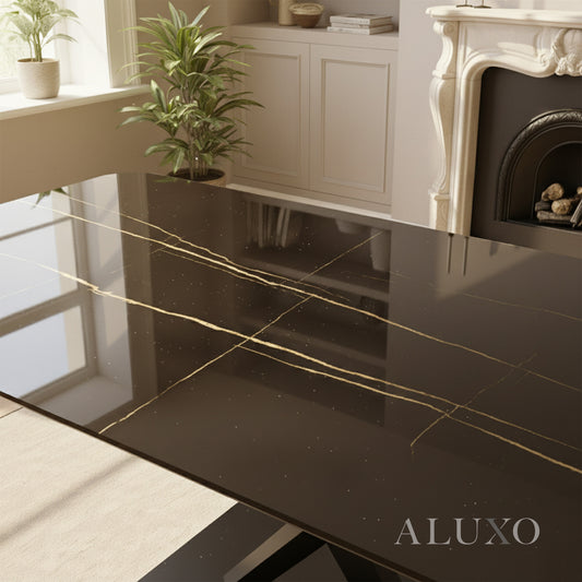 Arvid 160cm Slimline Oval-Rectangle Black Sintered Stone Dining Table Metal X Leg Stand