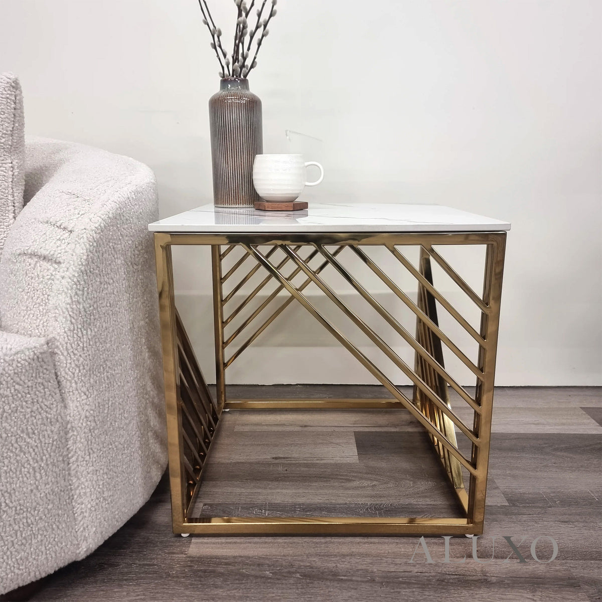 Asuka Gold Lamp End Side Table – 55x55cm Polar White Sintered Stone Top, Modern Luxury