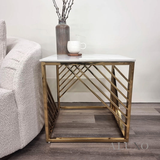 Asuka Gold Lamp End Side Table – 55x55cm Polar White Sintered Stone Top, Modern Luxury