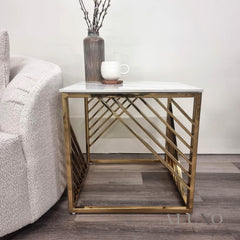Asuka Gold Lamp End Side Table – 55x55cm Polar White Sintered Stone Top, Modern Luxury