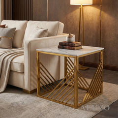 Asuka Gold Lamp End Side Table – 55x55cm Polar White Sintered Stone Top, Modern Luxury