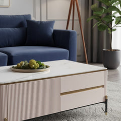 Bengt 130cm Ribbed Coffee Table with White Stone Top & Gold Legs – 2 Drawers, Fully Assembled