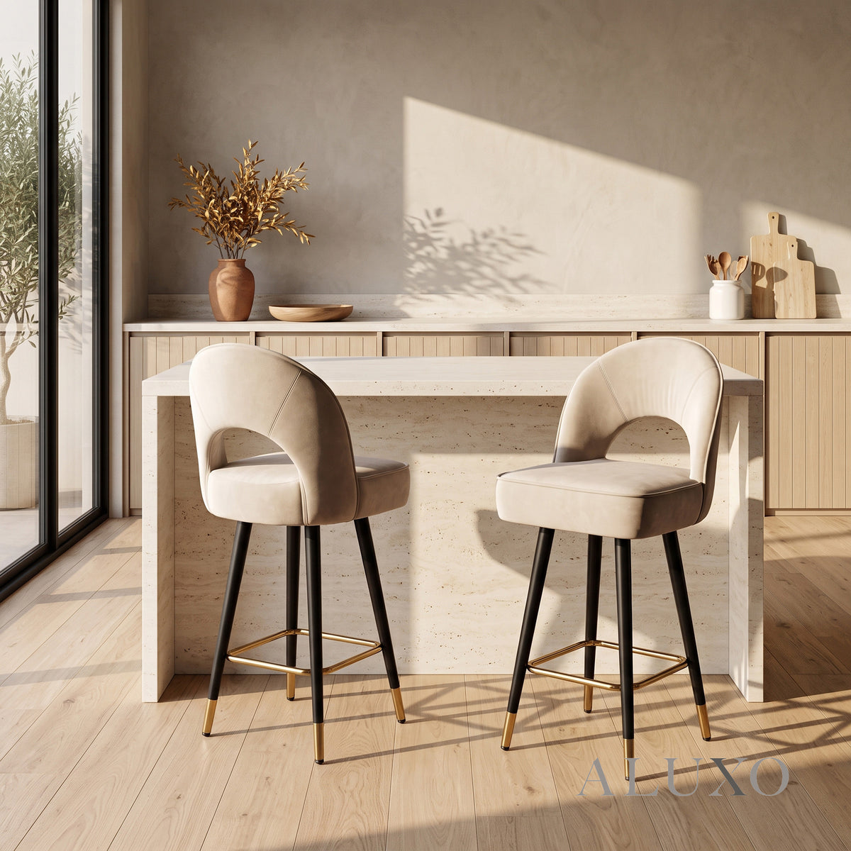 Bjorn Velvet Bar Stool Swivel Chair | Beige Velvet, 360° Swivel, Gold-Tipped Legs
