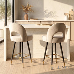 Bjorn Velvet Bar Stool Swivel Chair | Beige Velvet, 360° Swivel, Gold-Tipped Legs