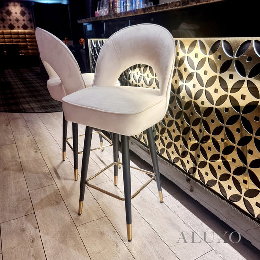 Bjorn Velvet Bar Stool Swivel Chair | Beige Velvet, 360° Swivel, Gold-Tipped Legs
