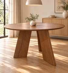 Emma 123cm Round Walnut Dining Table with Angled Slab Legs