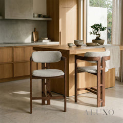 ALUXO® Clara Walnut Bar Stool with Oatmeal Bouclé Upholstery
