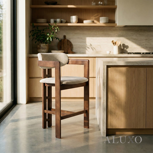 ALUXO® Clara Walnut Bar Stool with Oatmeal Bouclé Upholstery