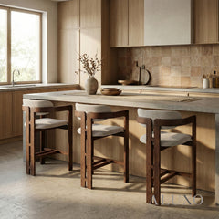 ALUXO® Clara Walnut Bar Stool with Oatmeal Bouclé Upholstery