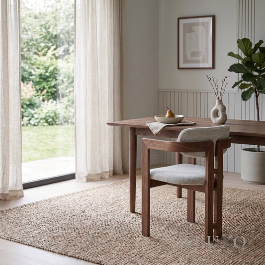 ALUXO® Clara Walnut Dining Armchair in Oatmeal Bouclé – Set of 2