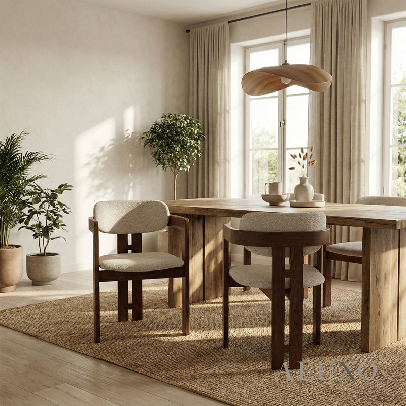 ALUXO® Clara Walnut Dining Chair in Oatmeal Bouclé – Set of 2