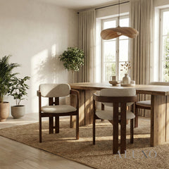 ALUXO® Clara Walnut Dining Chair in Oatmeal Bouclé – Set of 2