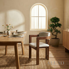 ALUXO® Clara Walnut Dining Chair in Oatmeal Bouclé – Set of 2