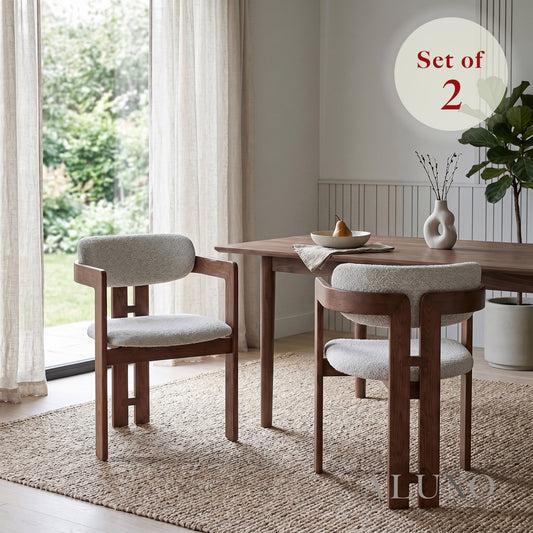 ALUXO® Clara Walnut Dining Armchair in Oatmeal Bouclé – Set of 2