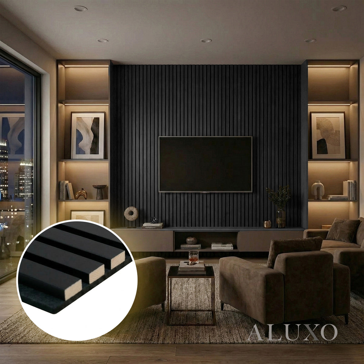 Panelux™ Pro Black Coloured Acoustic Wood Wall Panel | 3-Sided Wrap 240cm x 32cm (Set of 2)