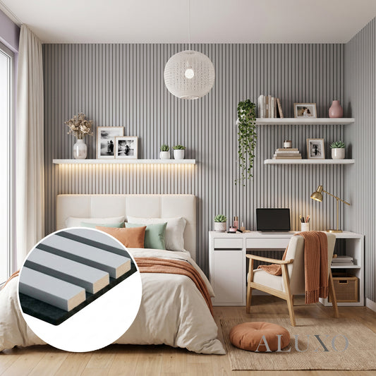 Panelux™ Pro Dove Grey Coloured Acoustic Wood Wall Panel | 3-Sided Wrap 240cm x 32cm (Set of 2)