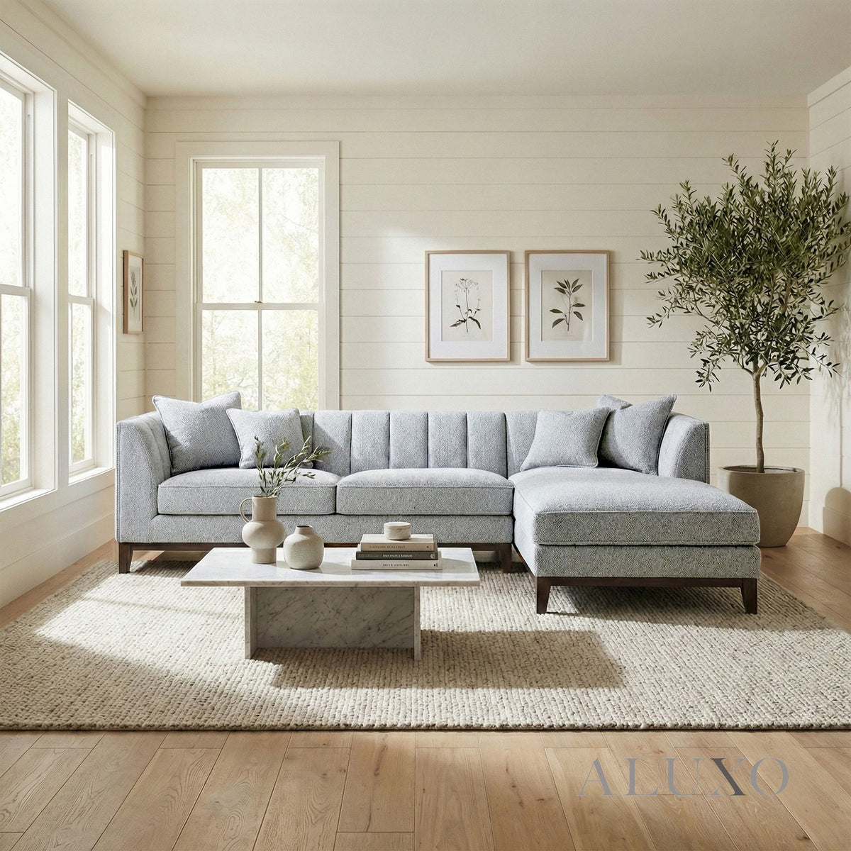 ALUXO® Cooper Right Hand Facing (RHF) Corner Sofa – Dolphin Bouclé | Mid-Century Modern