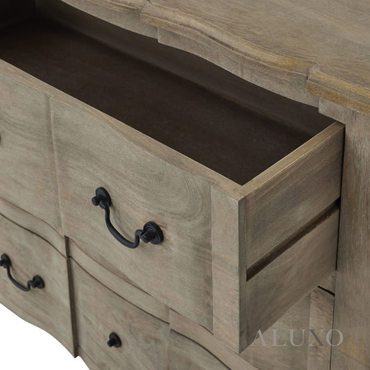 Copgrove 6 Drawer Chest – French Style Washed Wood Storage with Iron Handles, 200cm